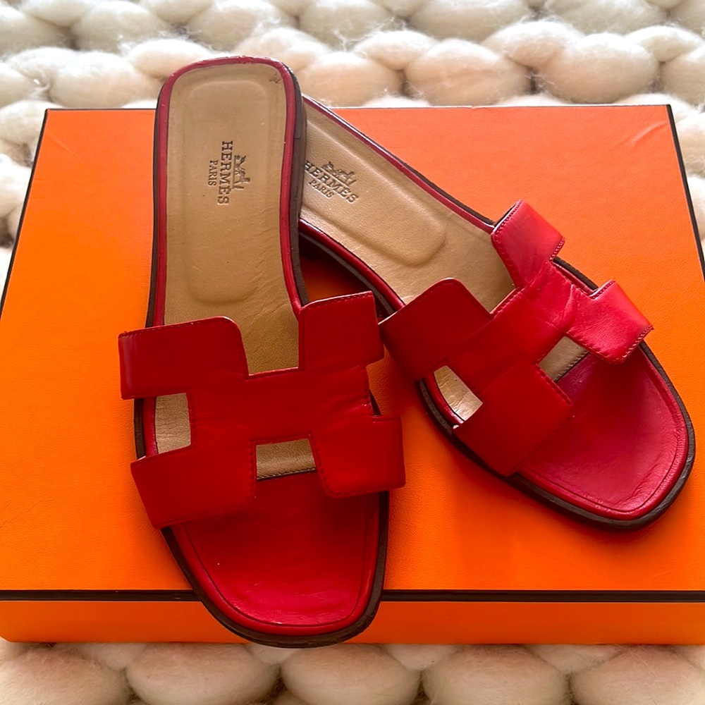 AUTHENTIC HERMÈS Oran Sandals - Red Sz. 37